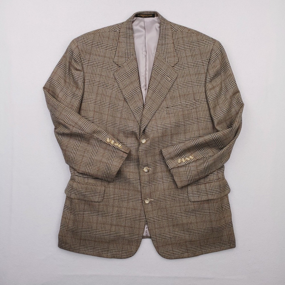 Vintage Hickey Freeman Blazer Mens 44 Brown Tan Gun Club Plaid Sport Coat Jacket